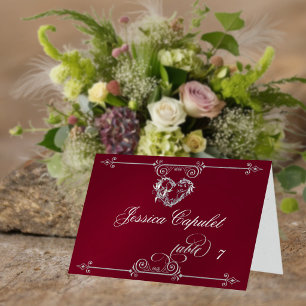 Stylish Heart & Scrolls - Burgundy Place Card
