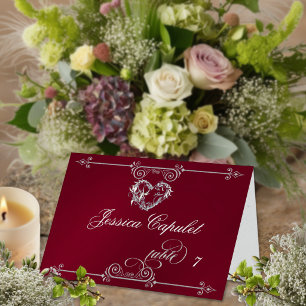 Stylish Heart & Scrolls - Burgundy Place Card