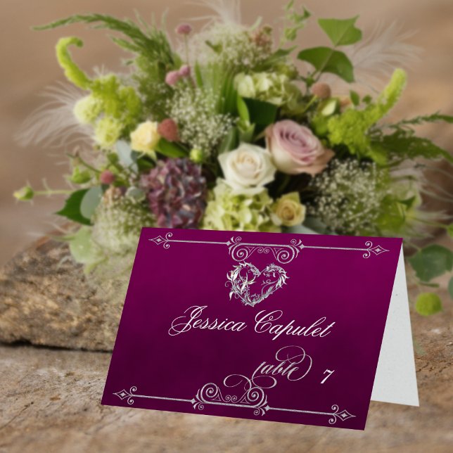 Stylish Heart & Scrolls - Plum Place Card (Creator Uploaded)