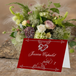 Stylish Heart & Scrolls - Red Place Card