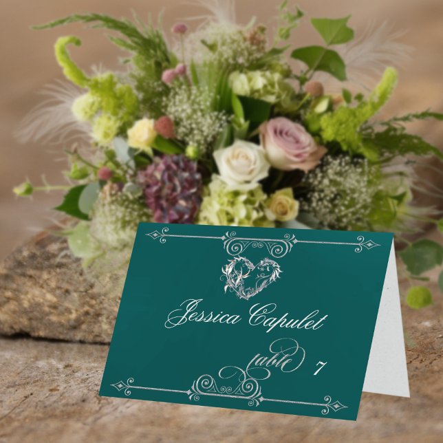 Stylish Heart & Scrolls - Teal Place Card (Creator Uploaded)