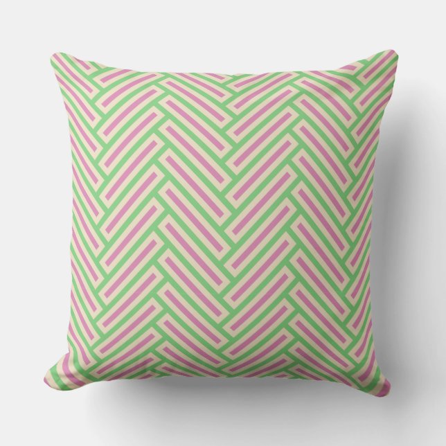 Stylish HerringBone Green Pink Cream Cushion (Front)