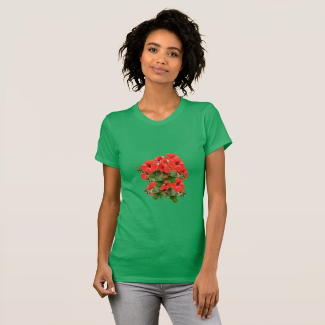 Stylish Hibiscus Blooms Floral Greenery Garden Fun T-Shirt (Front Full)