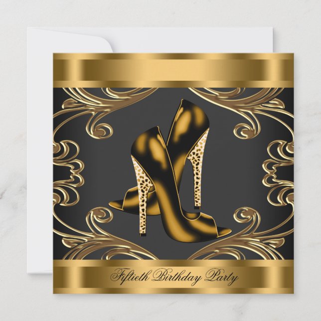 Stylish High Heel Black and Gold Birthday Party Invitation (Front)