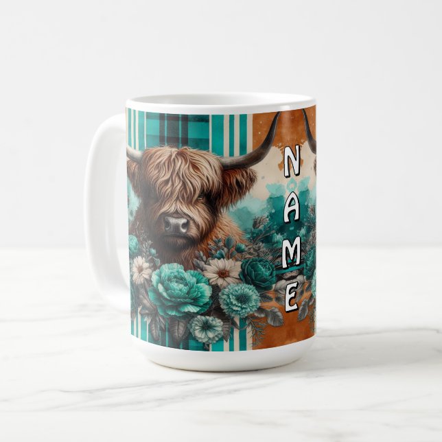 Stylish Highland Cow with Floral and Geometric  Coffee Mug (Front Left)