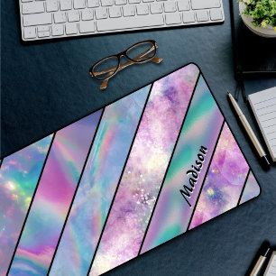 Stylish holographic chic blue pink desk mat