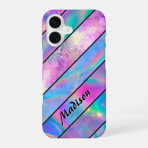 Stylish holographic chic blue pink striped iPhone 16 case