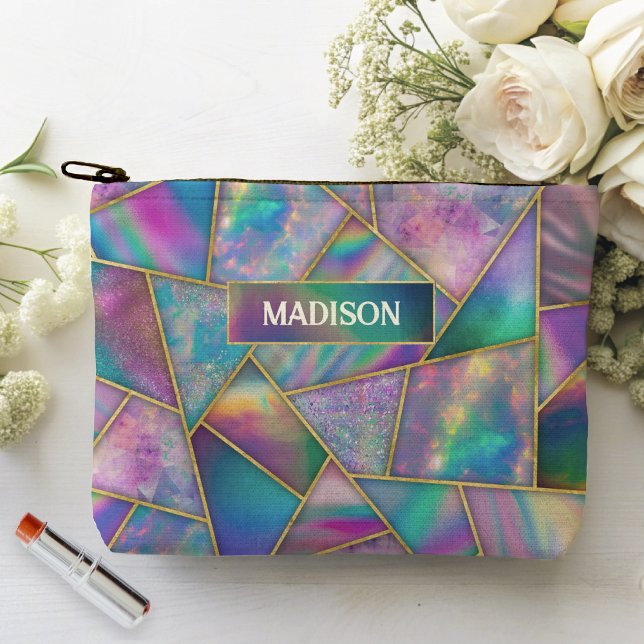 Stylish holographic chic faux gold geometric girly accessory pouch (Creator Uploaded)