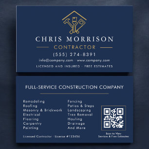 Stylish Home Repairs Contractor Navy Blue QR Code Business Card