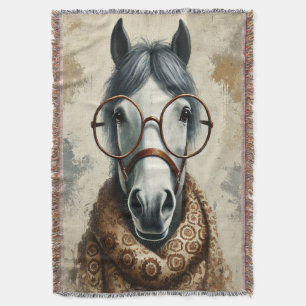 Stylish Horse with Glasses – Funny Vintage Art Throw Blanket