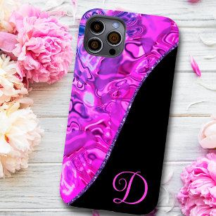 Stylish Hot Pink Black Purple Glitter Monogram Case-Mate iPhone 14 Case