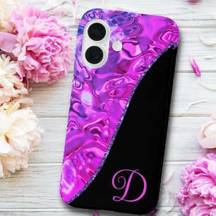 Stylish Hot Pink Black Purple Glitter Monogram iPhone 16 Case