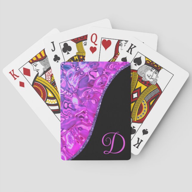 Stylish Hot Pink Black Purple Glitter Monogram Playing Cards (Back)
