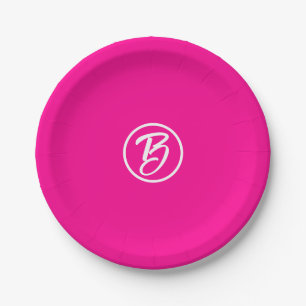 Stylish Hot Pink Circle Monogram Paper Plate