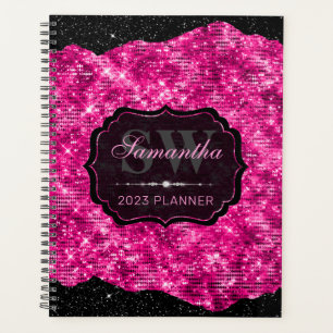 Stylish Hot Pink Glitter and Black Edges Monogram Planner