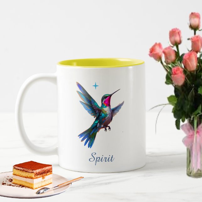 Stylish Hummingbird and Script on White Two-Tone Coffee Mug (Creator Uploaded)