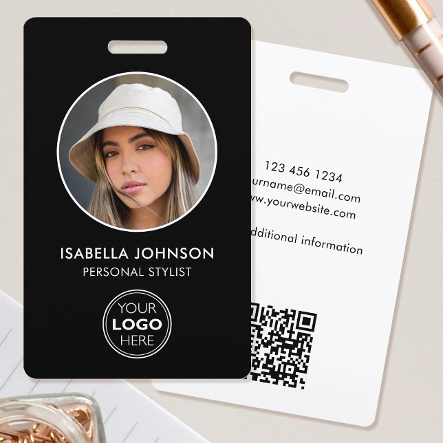 Stylish ID Photo Logo QR Code Black White Security ID Badge (Creator Uploaded)