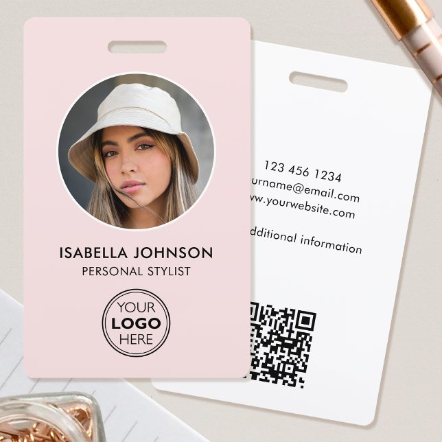 Stylish ID Photo Logo QR Code Blush Pink Security Badge (Creator Uploaded)