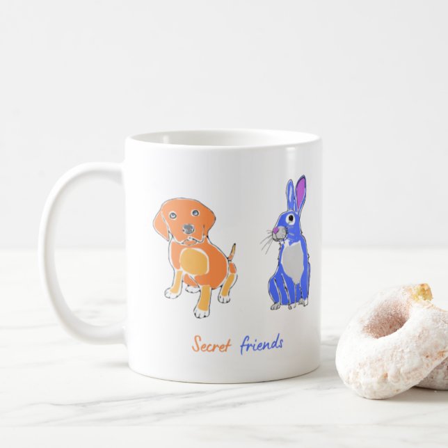 Stylish Illustrated Dog And Rabbit Art Coffee Mug (With Donut)