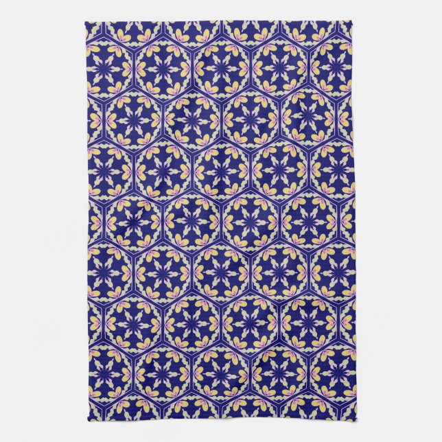 Stylish Indigo Spanish Mediterranean Tile Pattern Tea Towel (Vertical)