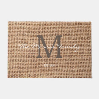 Stylish initial and script text family name burlap doormat