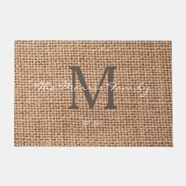Stylish initial and script text family name burlap doormat (Front)