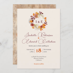 Stylish Initials Rustic Brown Fall Wreath Wedding Invitation