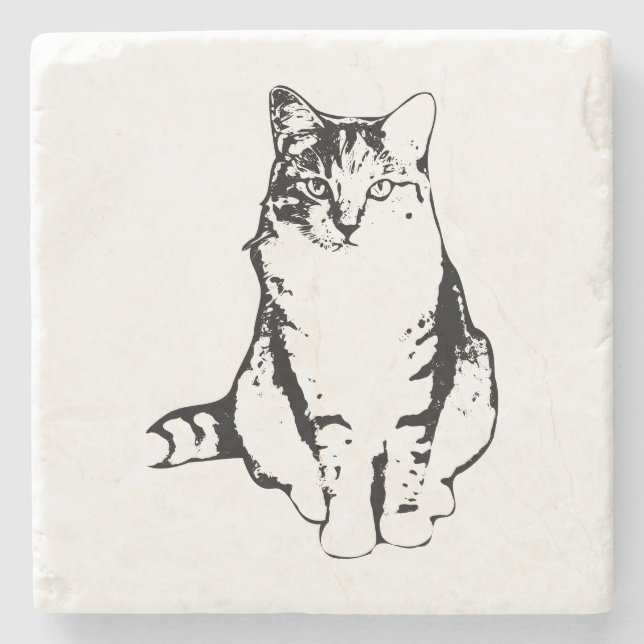 Stylish Ink Front‑Facing Tabby Cat Coaster (Front)
