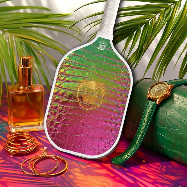 Stylish Iridescent Pink Green Faux Crocodile Pickleball Paddle (Stylish Fun Faux Croc Pink and Green Iridescent Monogram Pickleball Paddle )