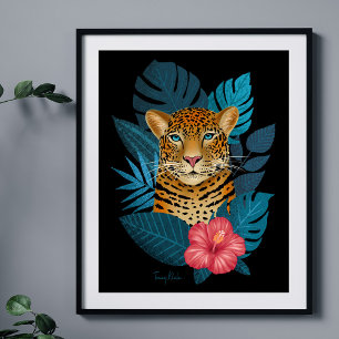Stylish Jungle Leopard Floral Art   Navy Blue Poster