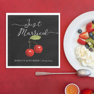 Stylish Just Married Retro Cherries Black Wedding  Napkin