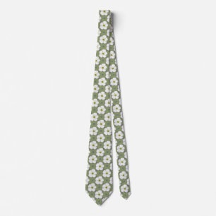 Stylish Khaki White Flowers Floral Pattern Tie