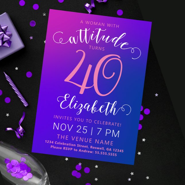 Stylish Lady Forty Modern Blue Gradient Invitation (Creator Uploaded)