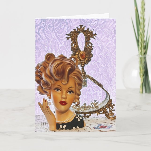 Stylish Lady Head Vase Spiral Curls Floral Dress Card (Front)