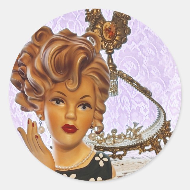 Stylish Lady Head Vase Spiral Curls Floral Dress Classic Round Sticker (Front)