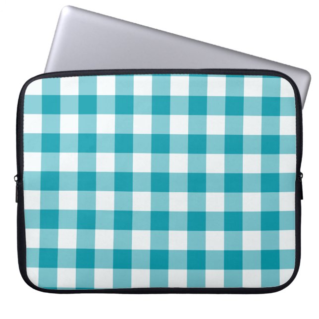 Stylish Laptop Sleeve, Teal Check Gingham Pattern Sleeve (Front)