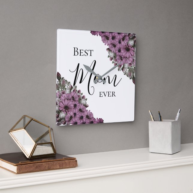 Stylish Lavender Floral Best Mum Ever     Square Wall Clock (Office)