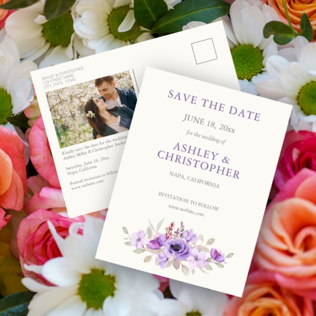 Stylish Lavender Floral Bouquet Wedding Invite Postcard (Creator Uploaded)