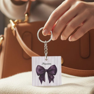 Stylish Lavender Stripes Purple Bow  Key Ring