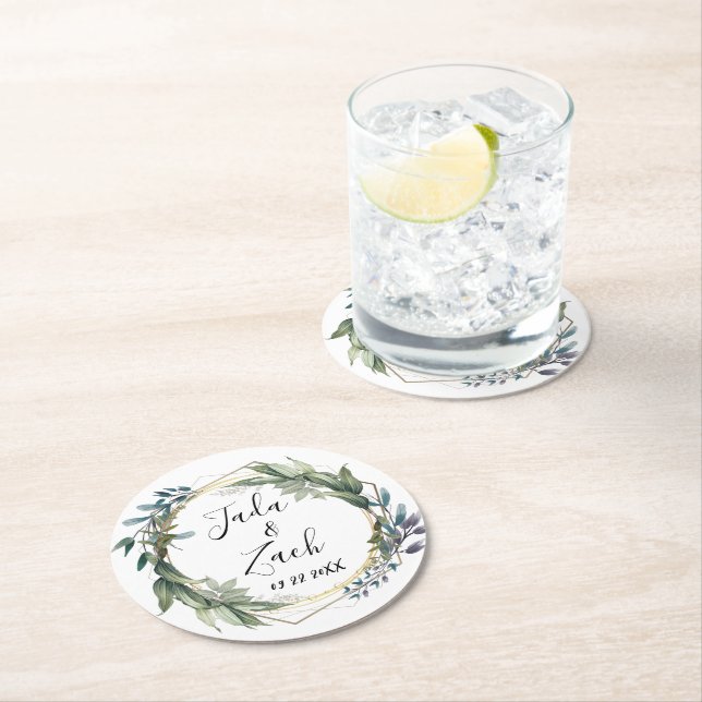 Stylish Leafy Botanical Wreath Wedding    Round Paper Coaster (Insitu)