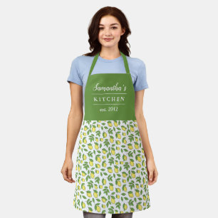 Stylish Lemon Pattern Green Yellow Name Apron