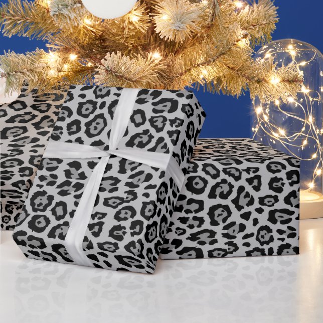 Stylish leopard animal print black charcoal grey wrapping paper (Holidays)