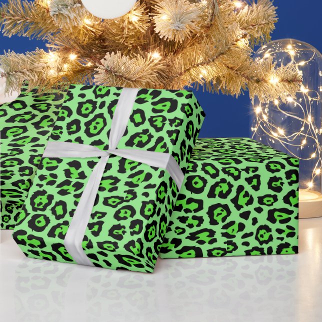 Stylish leopard animal print bright neon green wrapping paper (Holidays)