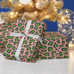 Stylish leopard animal print pattern green salmon wrapping paper
