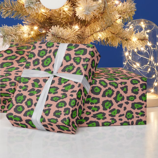Stylish leopard animal print pattern green salmon wrapping paper (Holidays)
