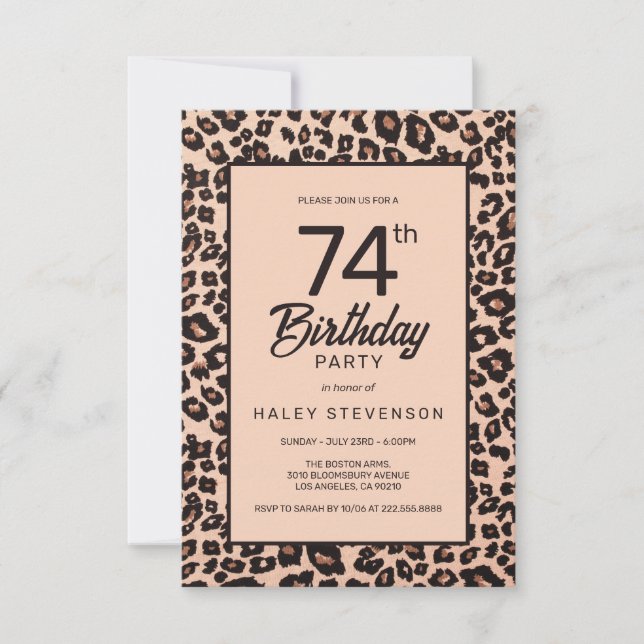 Stylish Leopard Animal Print Trendy 74th Birthday Invitation (Front)