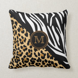 Stylish Leopard Print and Zebra Print Monogram Cushion