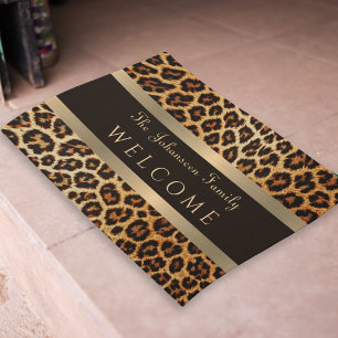 Stylish Leopard Print Brown and Gold Stripe Name Doormat