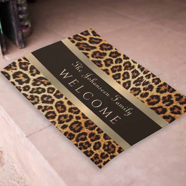 Stylish Leopard Print Brown and Gold Stripe Name Doormat (Creator Uploaded)