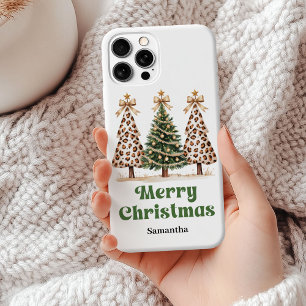 Stylish leopard Print Christmas trees personalised iPhone 15 Mini Case